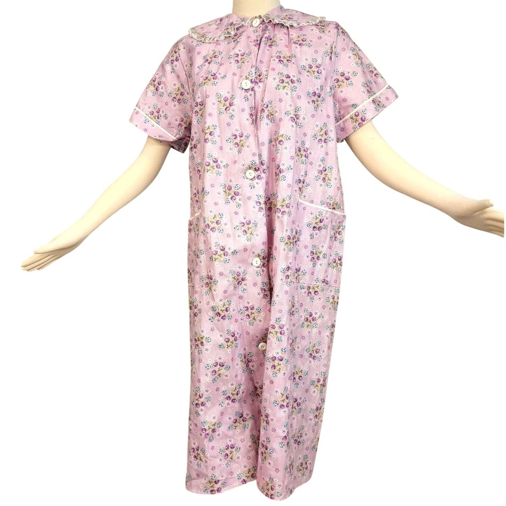 Vintage 1960's Housecoat‎ Robe Pink Floral Short Sleeve Dress Jacket LAce Pinup
